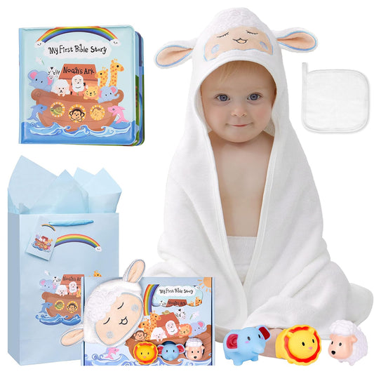 Mymatezoe My First Noahs Ark 7 Pcs Baptism Gift Set, Dedication, Christening and Baptism Gifts for Boys and Newborn Baby, Includes Washcloth and Hooded Towel, Baby Bath Book, 3 Bath Toys and Gift Bag