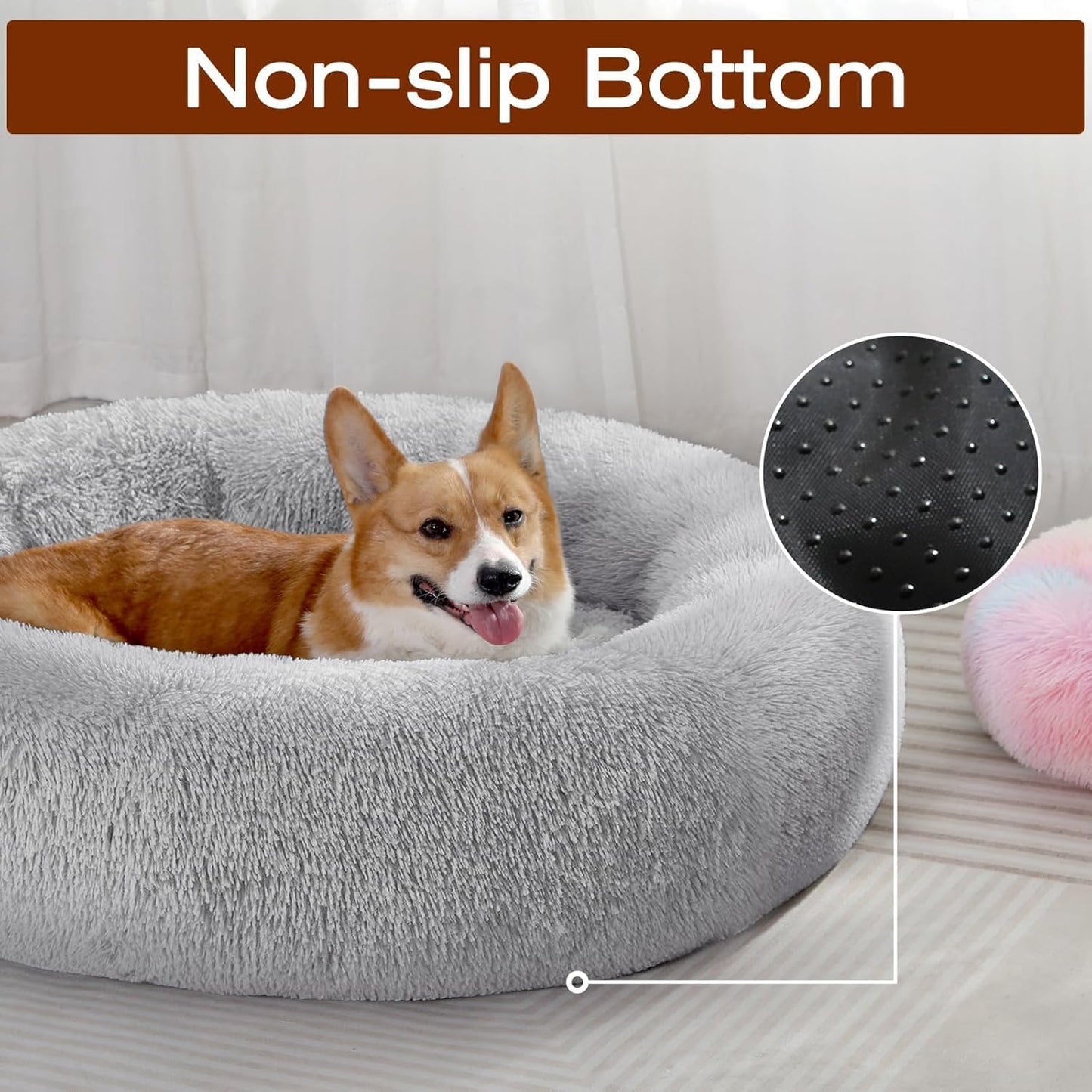 JOLLYVOGUE 23" Dog & Cat Bed, Calming Anti-Anxiety Pet Bed for Small Dogs, Fluffy Donut Cushion for Small and Medium Pets