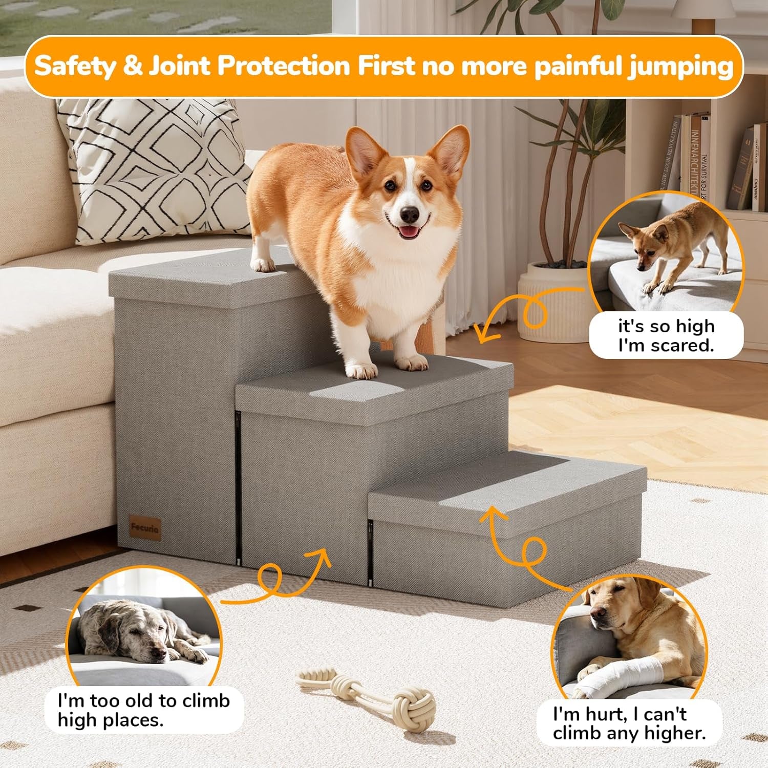 3-Step Wide Dog Stairs with Hidden Storage 18" H, Non-Slip Dog Steps for High Bed Couch Window Car, Jiont-Friendly Pet Stairs Ramp for Small/Medium/Large Old Dogs Cats up to 200Lbs, Grey