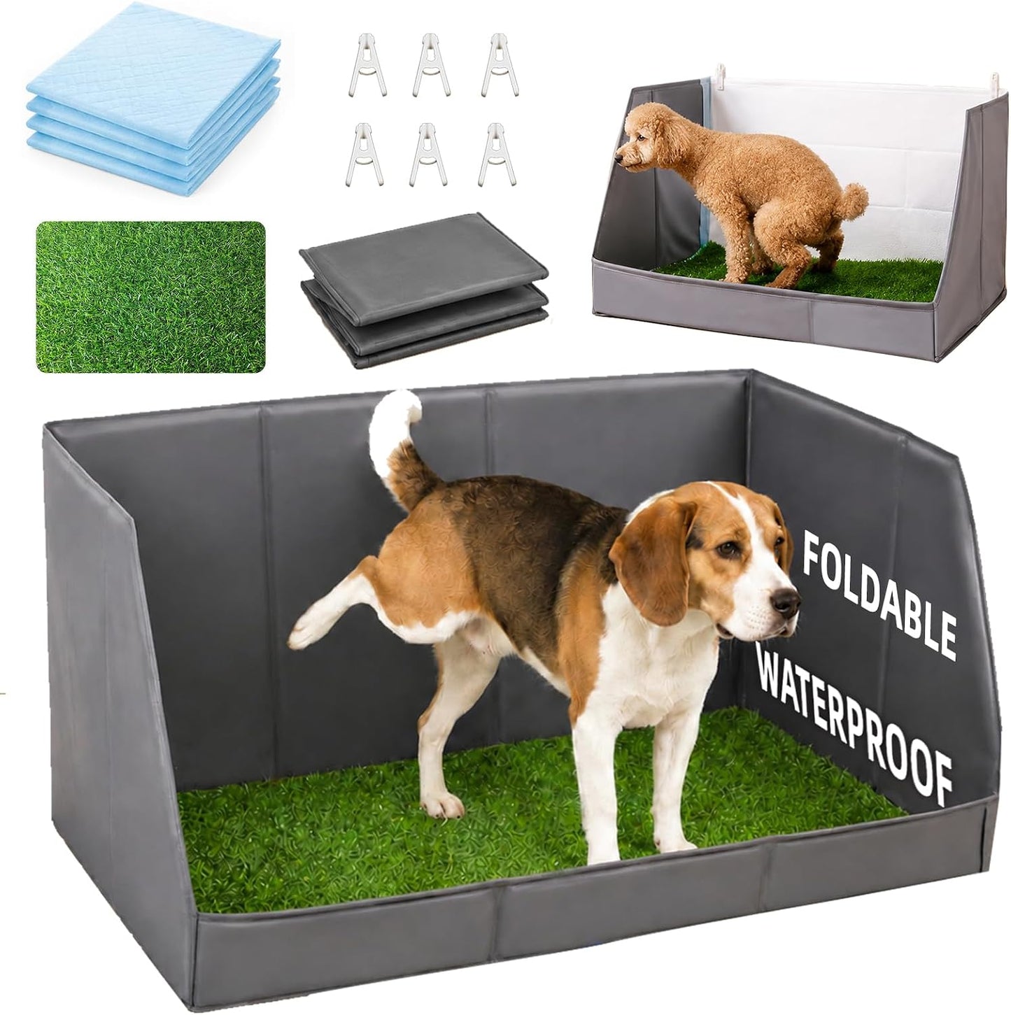 Dog Potty Tray with High Walls and Artificial Grass, 32" X 21"X 16"Foldable Indoor Dog Toilet,Waterproof Dog Pee Pad Holder with Leakproof Liner, Portable Pet Litter Box for Small Medium Dogs