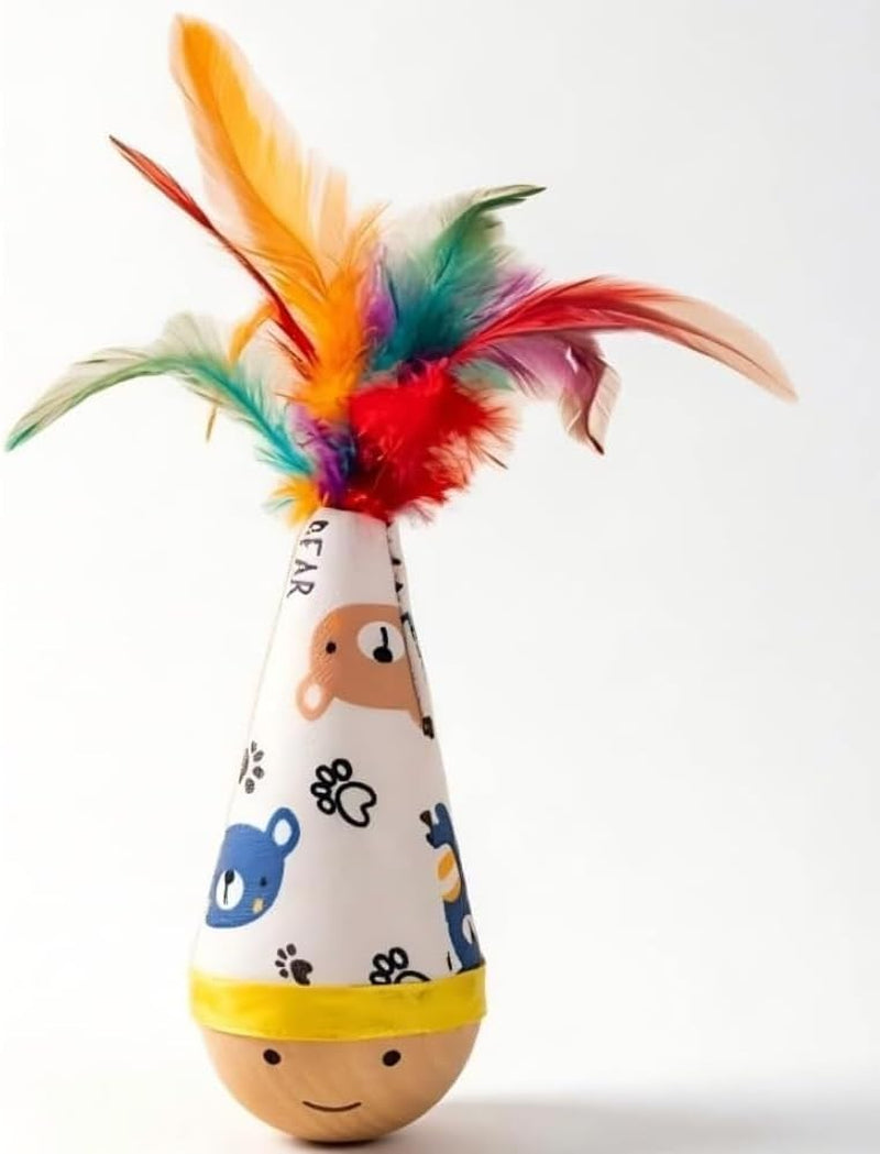 Natural Beechwood Cat Toy | Self-Righting Tumbler Wobble Stem Toy with Colorful Feather | Battery-Free, Silent Play for Indoor Cats, Kittens & Small Puppies | Safe Pet Entertainment
