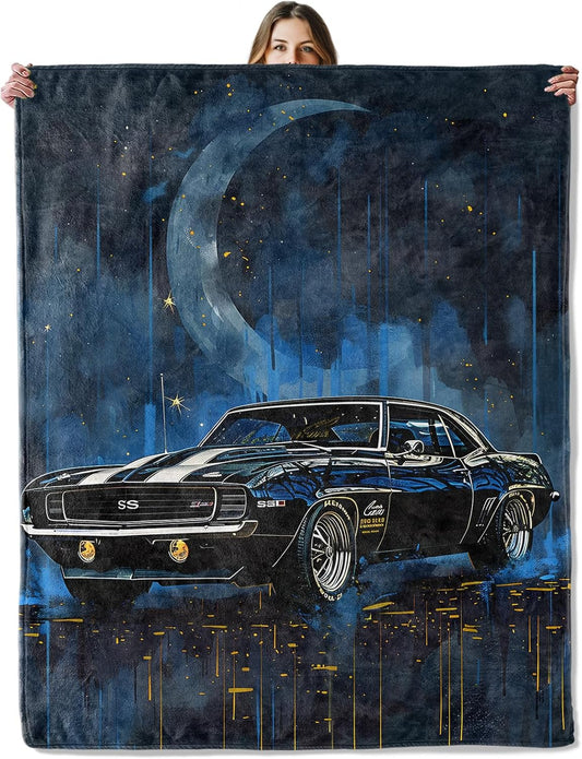 Retro Muscle Car Throw Blanket for Girls Boys Kids Adults, 50X60 In, Cozy Flannel Blanket for Bedroom, Camping, Couch, Room Decor, Fuzzy Warm Soft Gifts
