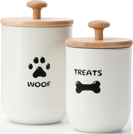 Dog Treat Container Set of 2, Dog Treat Jar with Airtight Lid, Small Dog Food Container, Dog Cookie Jar for Kitchen Counter, Treats Canister, Pet Treat Container 8.3X4.9 & 7.1X4.3 (White)