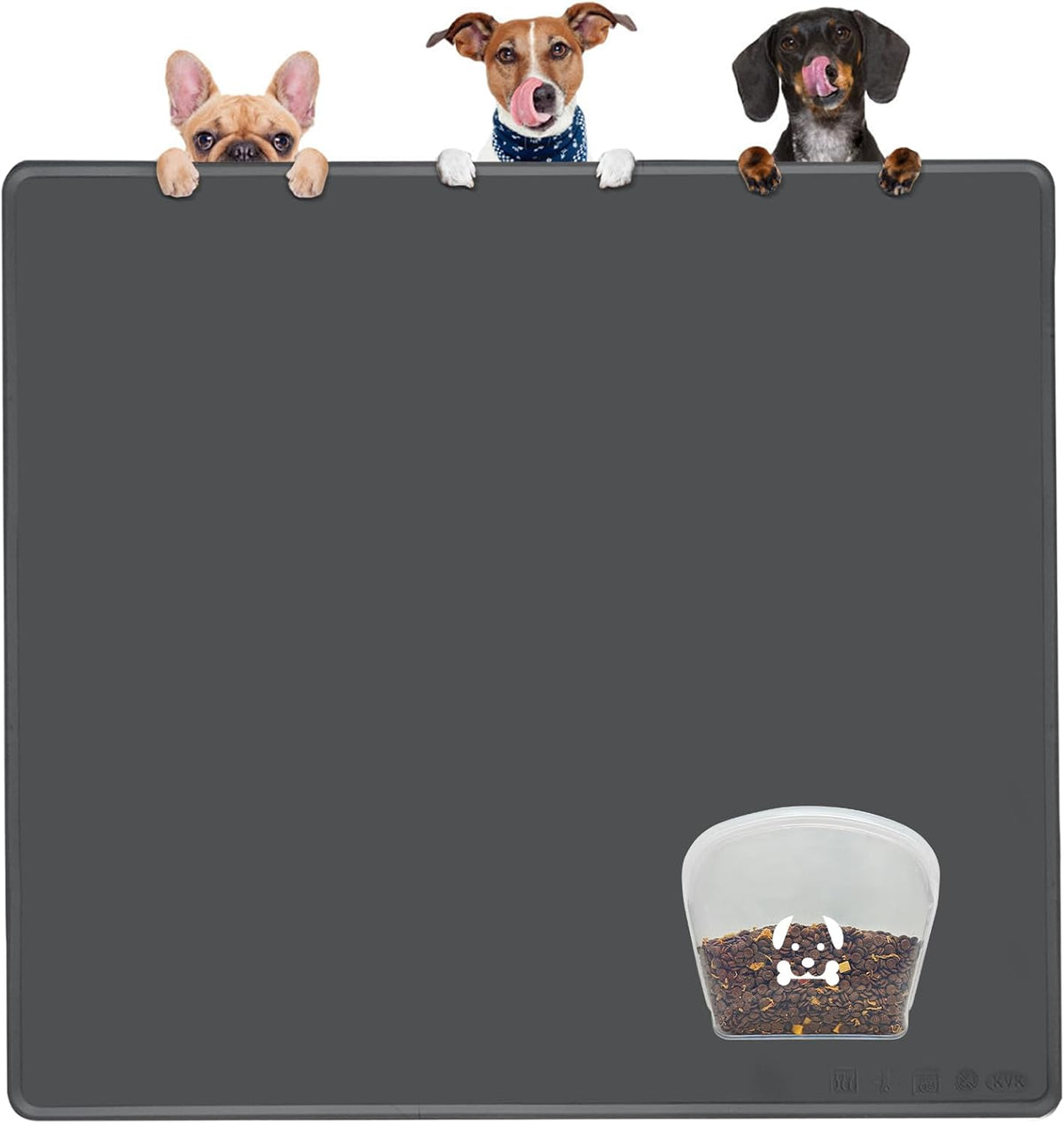 KVK Extra Extra Large Silicone Dog Food Mat 39.4×43.3In and 128Oz Silicone Bag Set, Super Size Waterproof Pet Feeding Mat & Container, Non-Slip, Chew-Resistant Floor Protection (Dark Grey&Clear)