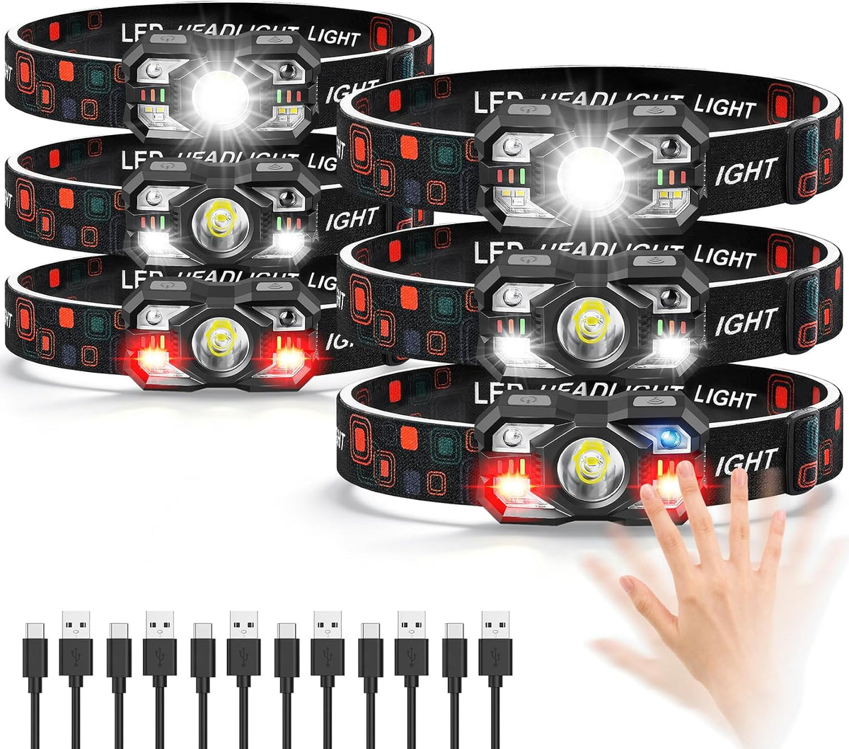 Headlamp Rechargeable 6Pack, 3000 Lumen Ultra-Light Bright Headlamp Flashlight with White Red Light, LED Headlight Motion Sensor, 5+5 Mode for Outdoor Camping Fishing Running Hiking