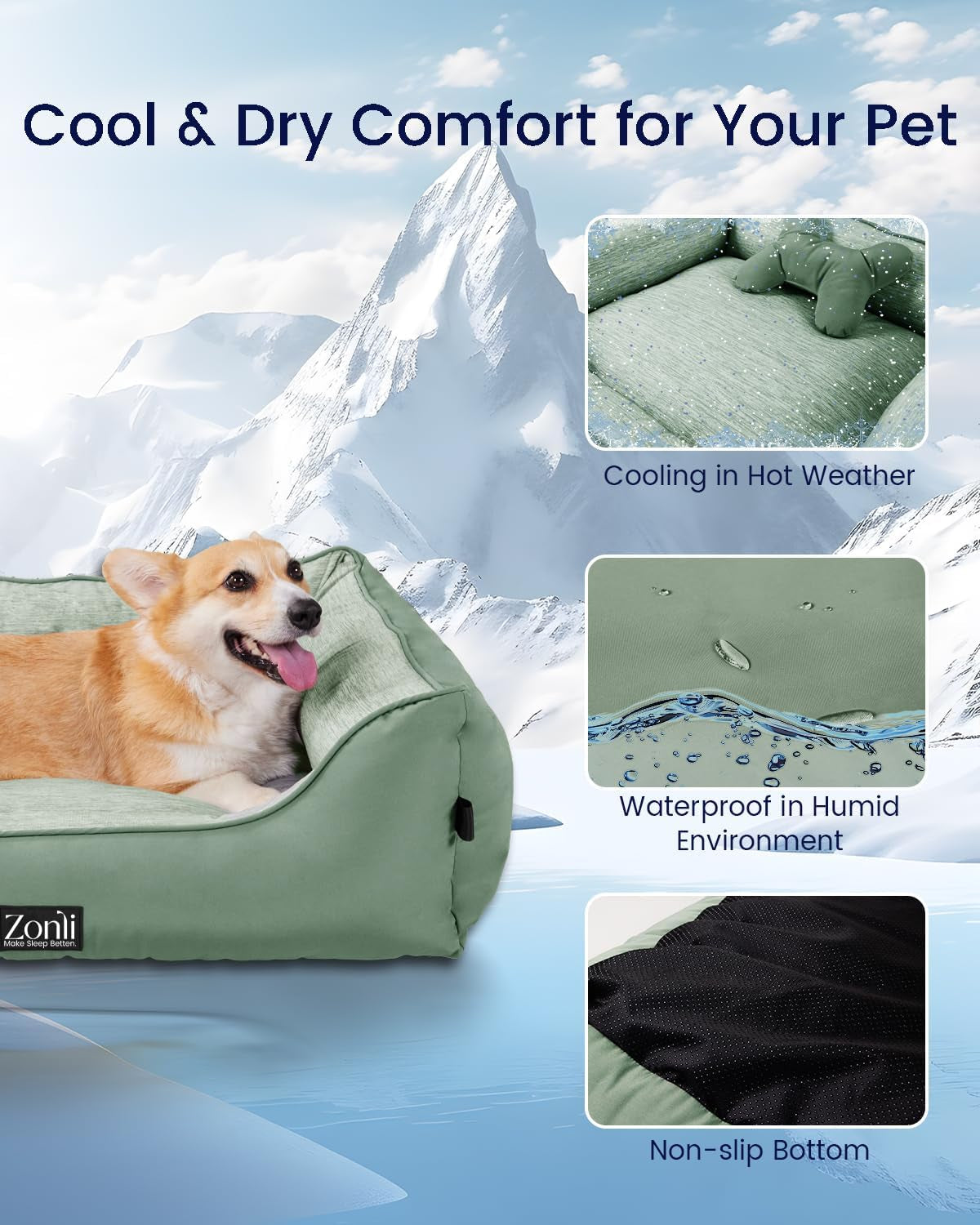 Zonli Cooling Dog Bed, Dog Bed for Small Dogs & Cats, Dog Cooling Bed with Bolsters Waterproof, for Dogs up to 15 Lbs, Pet Bed with Washable Cover, Non-Slip Bottom, without Gel, Mint Green