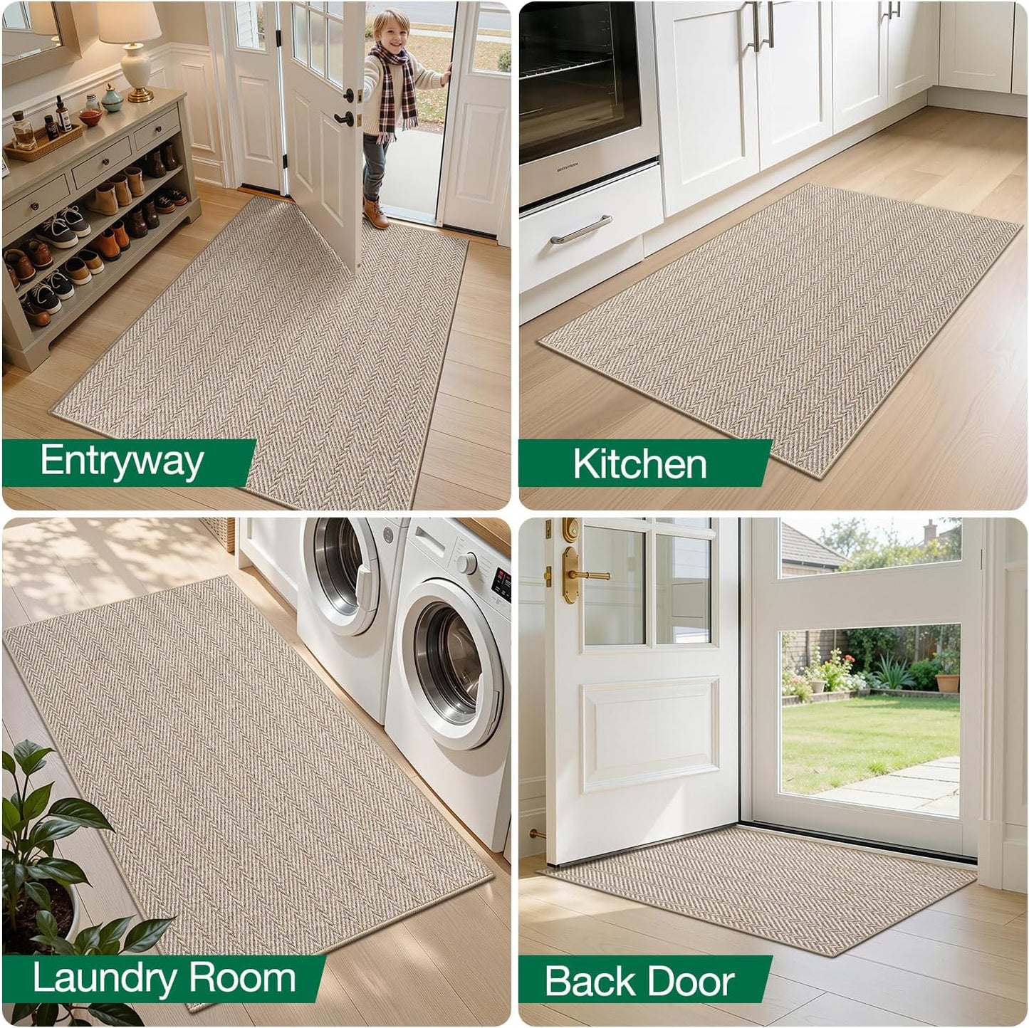 LUMI Ultra Thin Indoor Door Mat 24"X36", Entrance Doormat, Beige | 0.14" Ultra Thin, Dirt-Trapping & Absorbent Quick-Dry Surface, Waterproof Non-Slip Rubber Backing, Elegant Herringbone Design