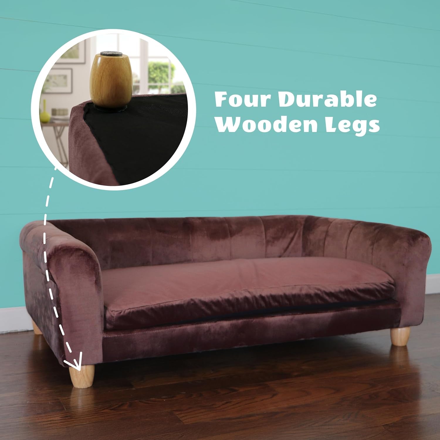 CRITTER SITTERS 42-In. Elegant Brown Faux-Velvet Rectangular Dog Sofa for Medium and Large Dogs, Elevated Plush Dog Couch