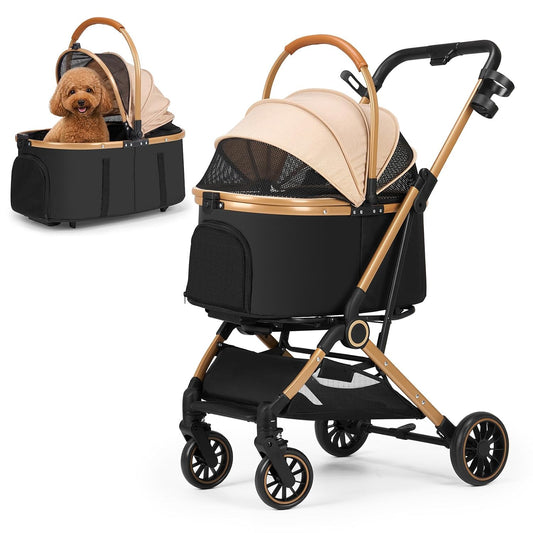 Dog Stroller for Small and Medium Dogs, 40Lbs Capacity Pet Stroller with Detachable Carrier, One-Hand Fold, Breathable Mesh & Sun/Rain Canopy, Khaki