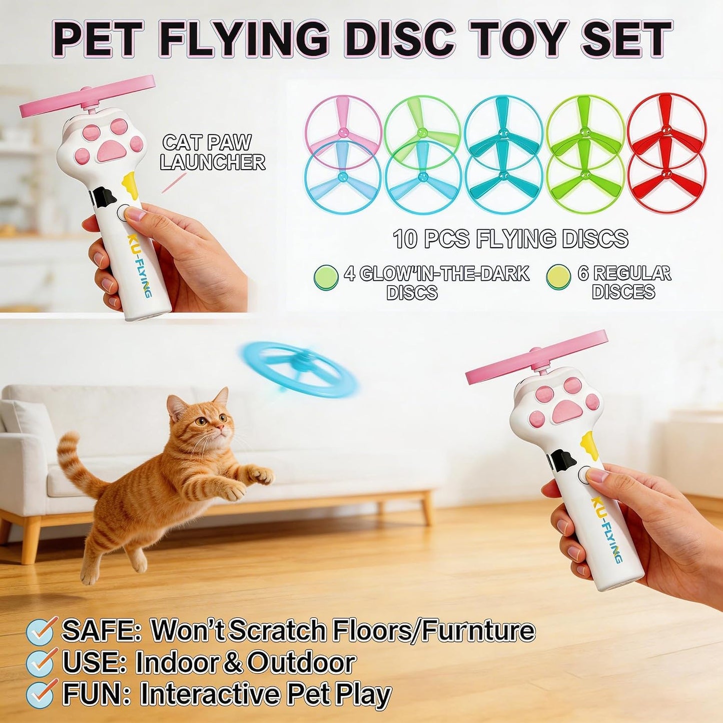 Cat Fetch Toy Launcher,Flying Disc Launcher Toy Rechargeable with 10 Flying Discs,Flying Cat Toy Disc Launcher for Kitten Dog Playing Interactive Hunting Tracking Toys for Outdoor Indoor,White