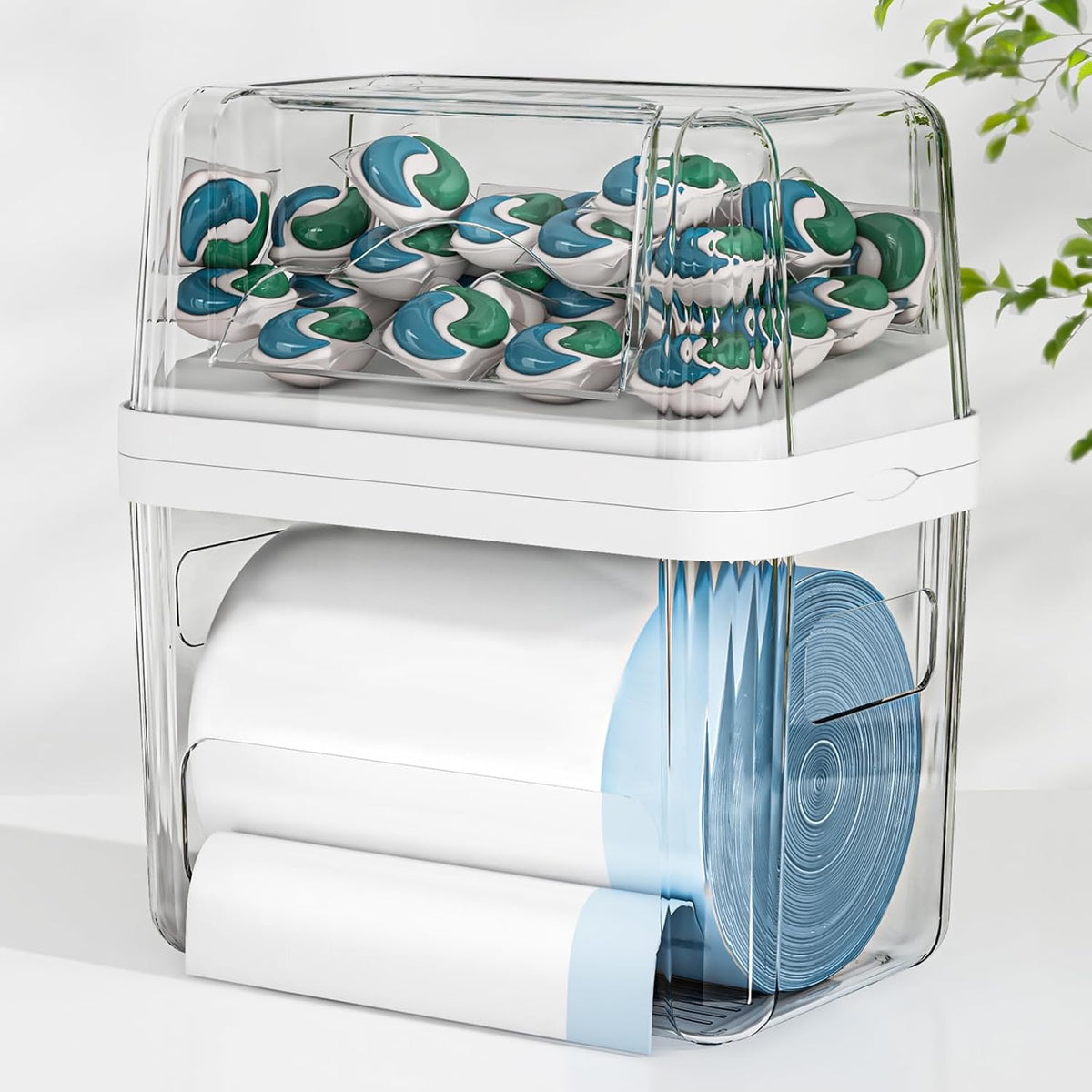2-In-1 Trash Bag Holder Laundry & Dishwasher Pods Container,Garbage Bag Dispenser with Removable Lids,Kitchen Organizer and under Sink Storage Box