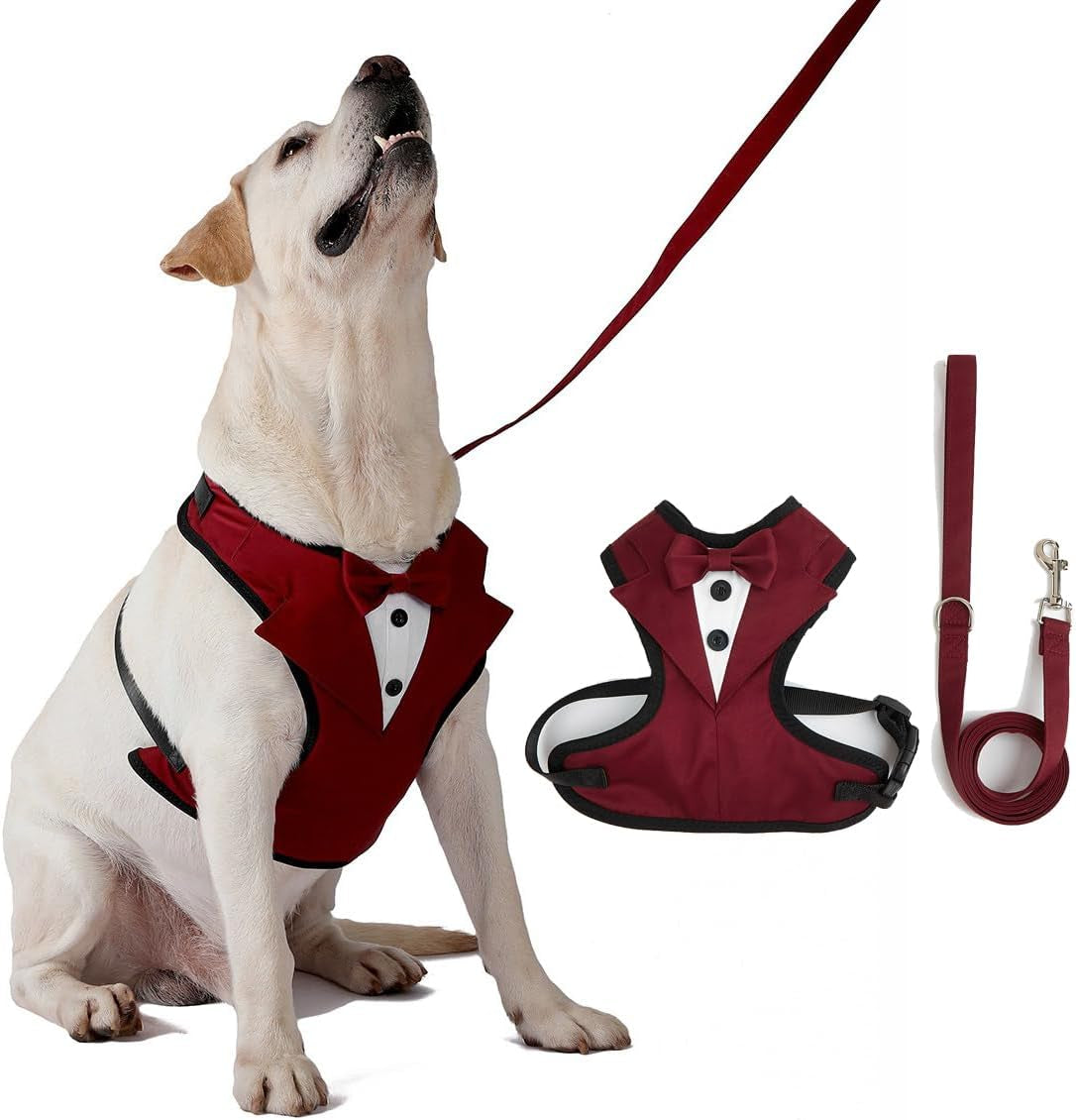 Burgundy Dog Tuxedo Harness with Matching Leash, Adjustable Formal Dog Wedding Suit Vest with Bow Tie, No Pull Pet Costume Harness, Ideal for Party Birthday Photo Shoots (XXL)