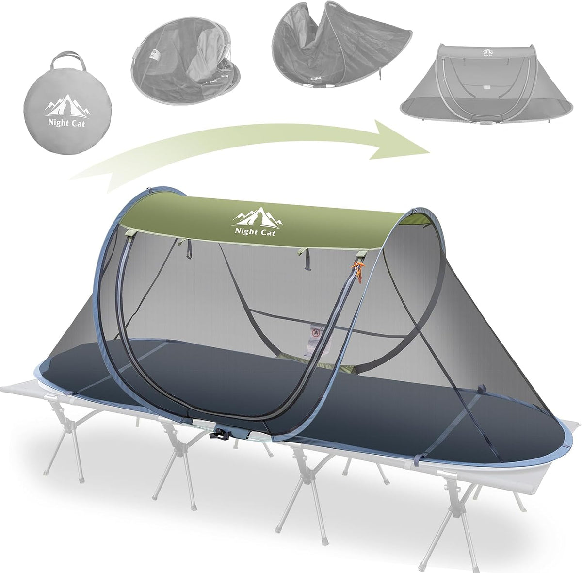 Night Cat Pop-Up Mosquito Tent: 1 Person Camping Tent with Bug Screen Net Adults for Camping Cot (Excluded)