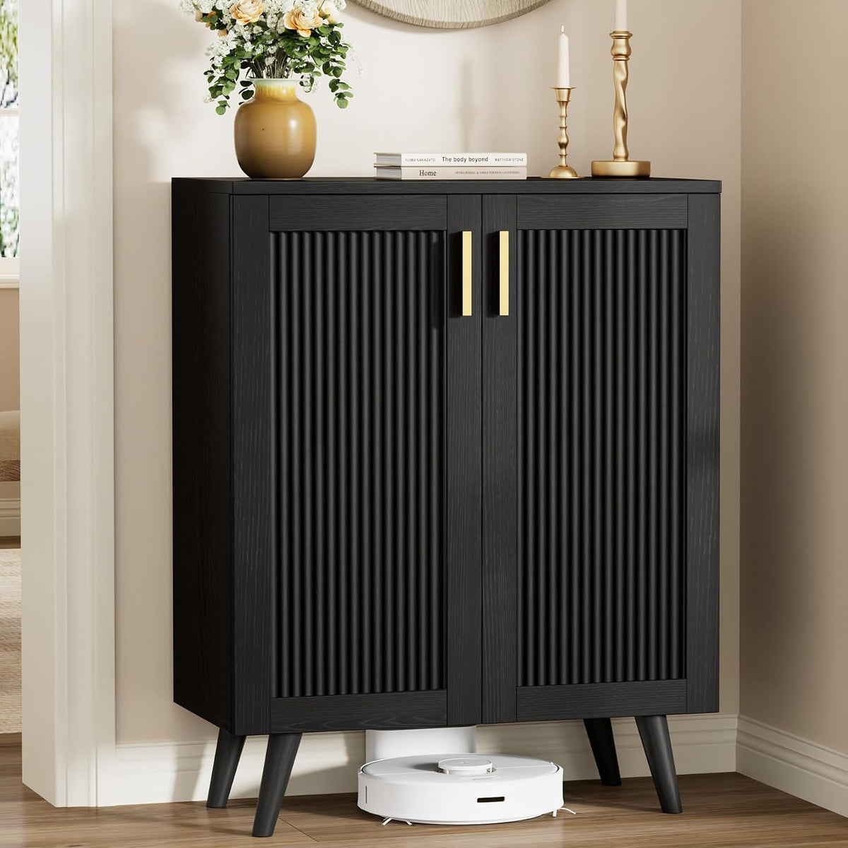 Fluted Shoe Cabinet with Doors, 4-Tier Entryway Shoe Storage