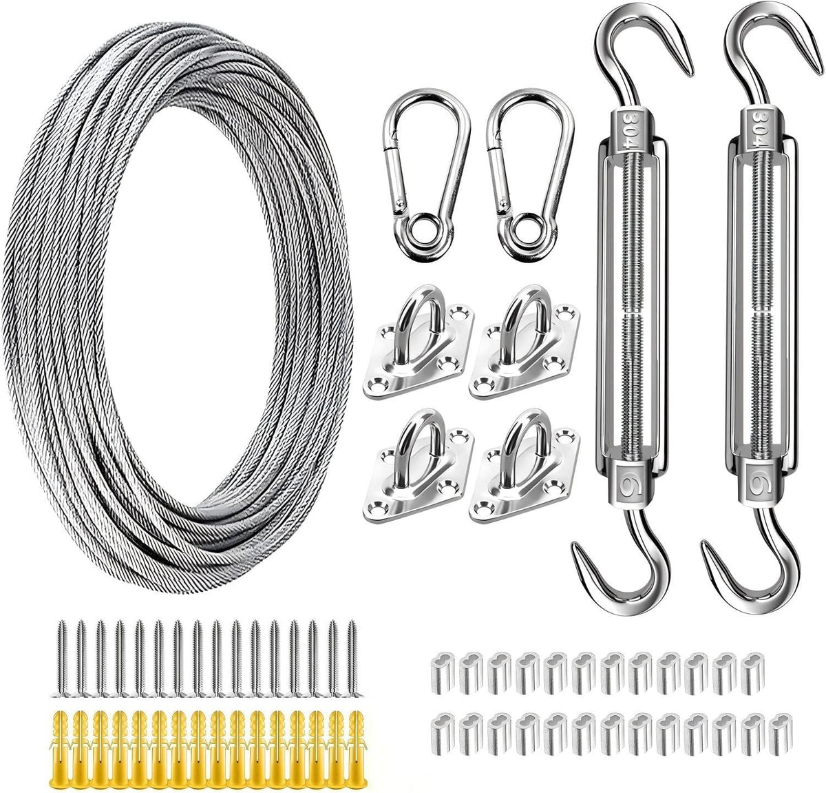 Shade Sail Hardware Kit with 50 FT Cable Wire Rope, Anti-Rust Stainless Steel Stainless Steel Sun Shade Hardware Kit for Rectangle Square Triangle Shade Sail Installation(66 PCS)
