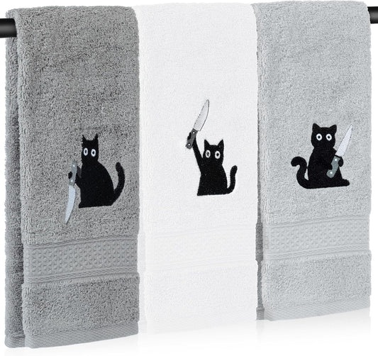 3 Pack Black Cat Embroidered Soft Cotton Hand Towels 13X29 In
