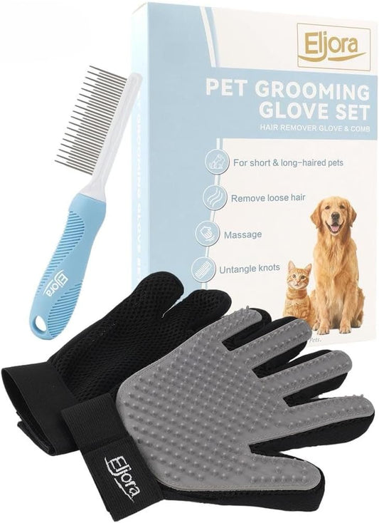 Pet Grooming Glove (Pair) & Dematting Comb Set – Anti-Slip Handle Deshedding Comb+ Gentle Massage Gloves for Dogs & Cats – Removes Loose Hair, Mats & Tangles – Safe, Effective Grooming