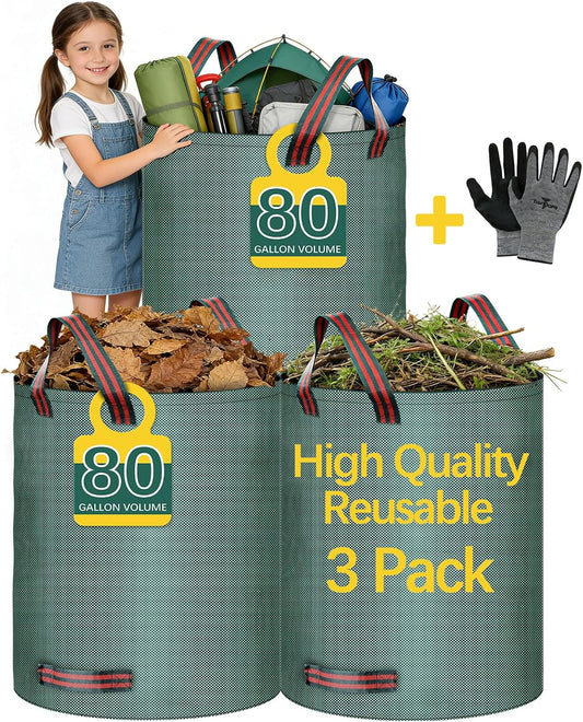 3 Pack 80 Gallon Lawn Leaf Bags Leaf Bags Yard Waste Bags,Gardening Gloves Included,Cleaning Fallen Leaves, Weeds, Outdoor and Camping Supplies; or Use for Moving