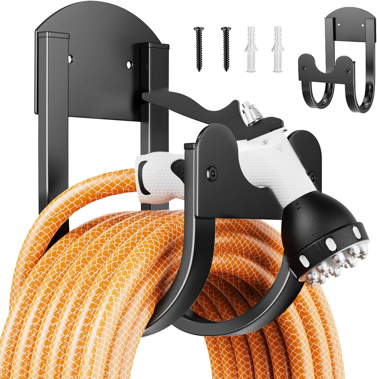 Garden Hose Holder Wall Mount - Metal Water Hose Hanger for Outside, Durable Hose Hook for Garden Garage Yard Storage (Black-1Pc)