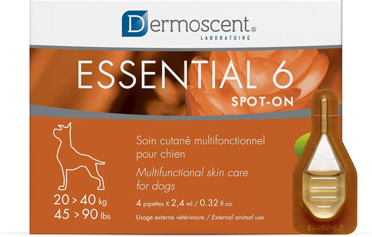 Dermoscent Essential 6 Spot-On - Dog Skin Care for Dandruff & Allergy Relief with Vitamin E Oil - anti Itch for Dogs - Natural Ingredients for Sensitive Skin - Dogs 20-40 Kg - 4 Pipettes of 2.4 Ml