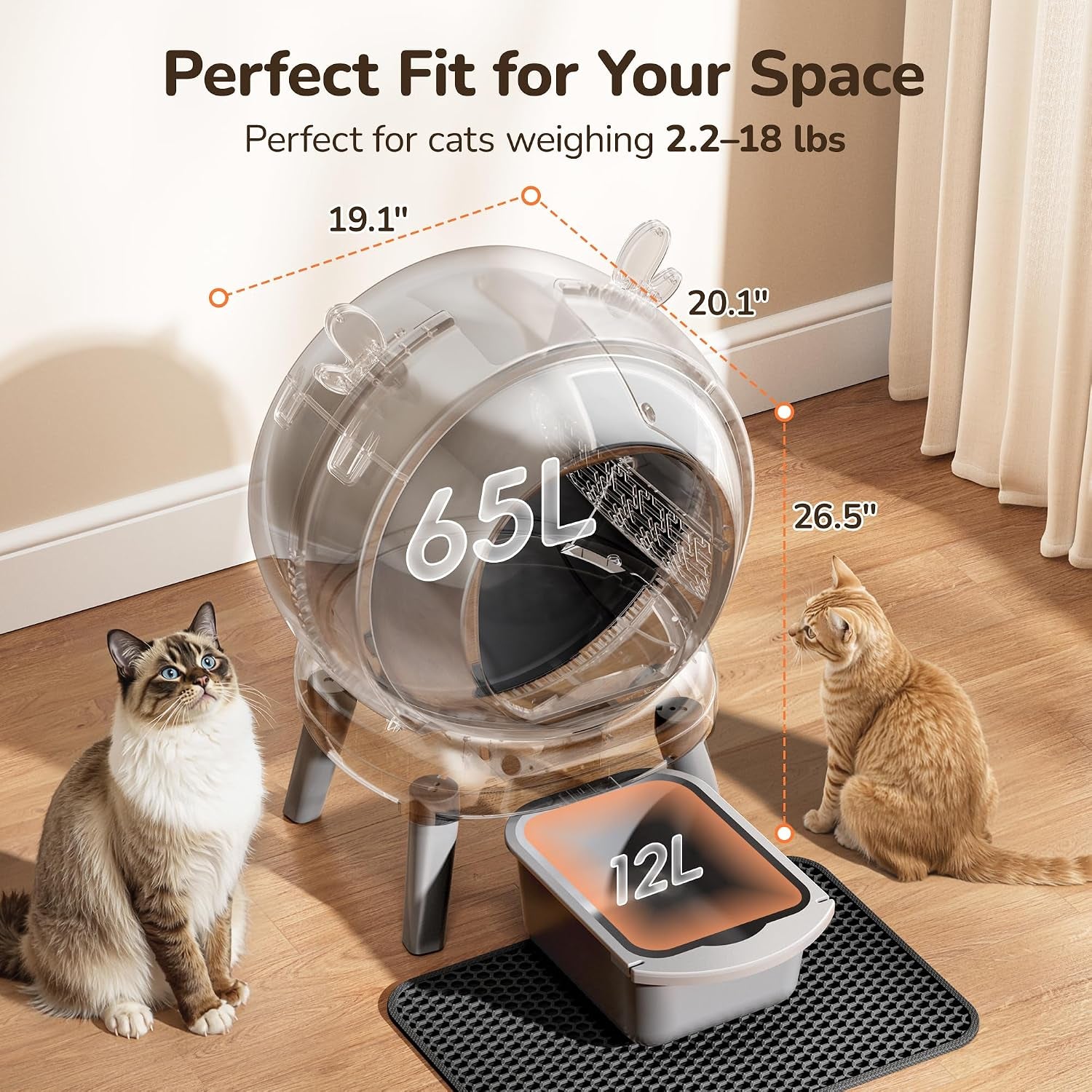 Automatic Self Cleaning Litter Box, Cat Litter Box, Robot Litter Box | APP Control, 65L Globe, Dual Safety Sensors, 1 Roll Garbage Bags, Litter Mat, <35DB, Grey