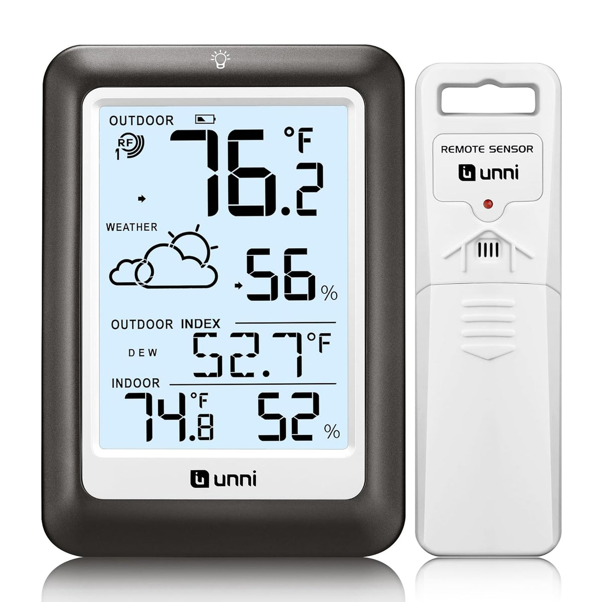 Indoor Outdoor Thermometer Wireless Weather Station, Temperature Humidity Monitor Battery Powered inside outside Thermometers with 330Ft Range Remote Sensor and Backlight Display（Metal Black）