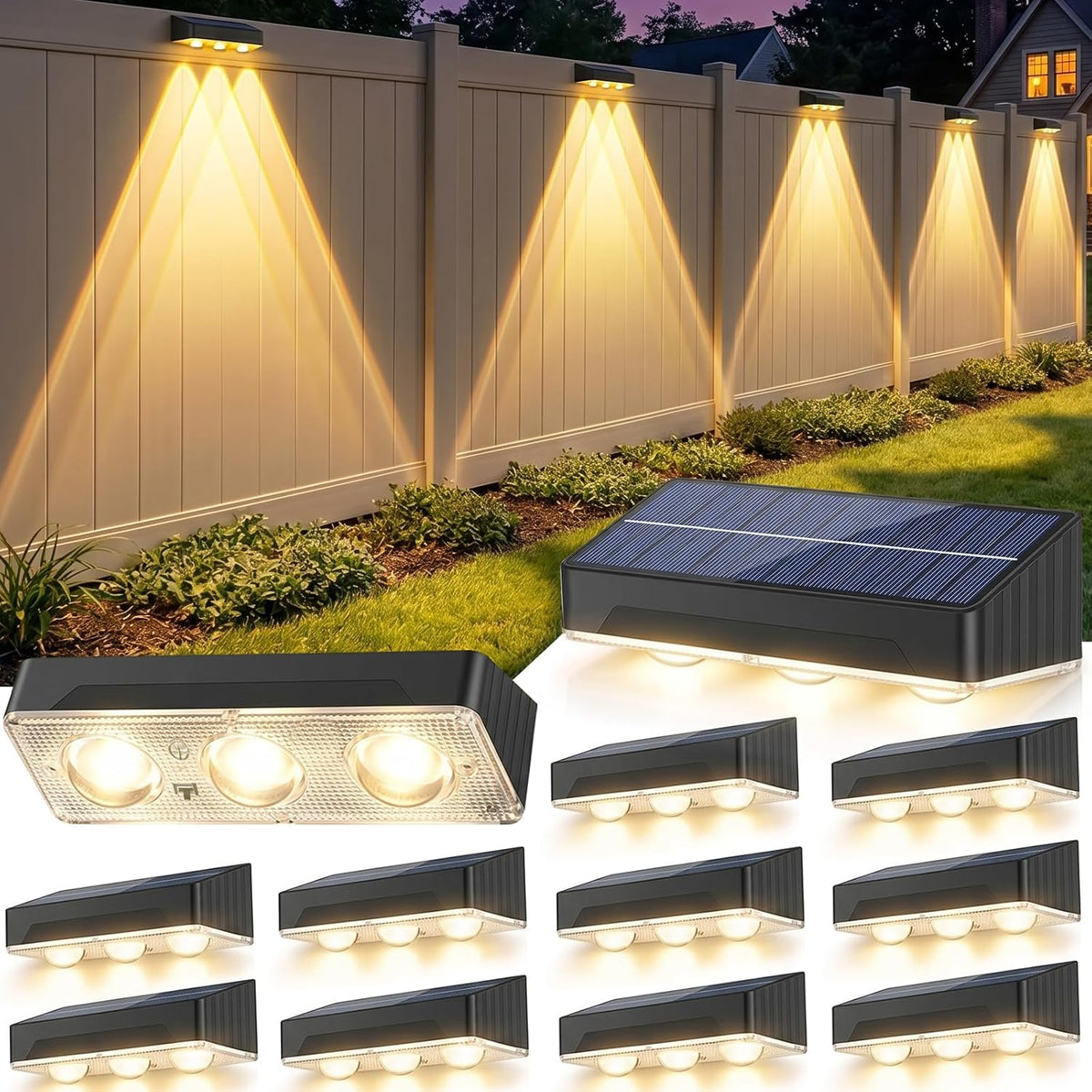 Solar Fence Lights Outdoor 12 Pack Upgraded High Brightness 3 LED Spot Lens Waterproof Deck Lights 7 Mode Warm&Cool White RGB Solar Powered Wall Lighting Decor for outside Patio Step Backyard Railing
