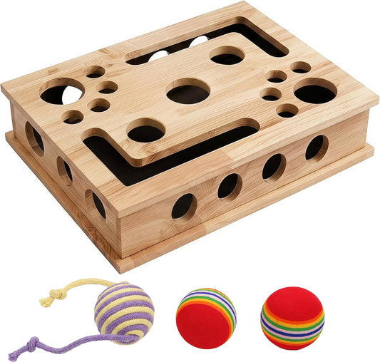 【Large&Thicken Oak 】Cat Nail File Scratcher Puzzle Box,High-Density Furniture Grade Oak,Porous Design,Stimulate Cat Exploratory &Slow down Eat Speed;Built in Frosted Paper,Polish Their Nail While Play