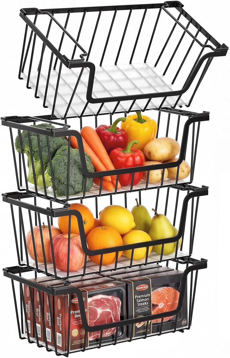 SUNALLY Stackable Storage Bins 4 Pcs Wire Baskets Freezer Organizer, Black
