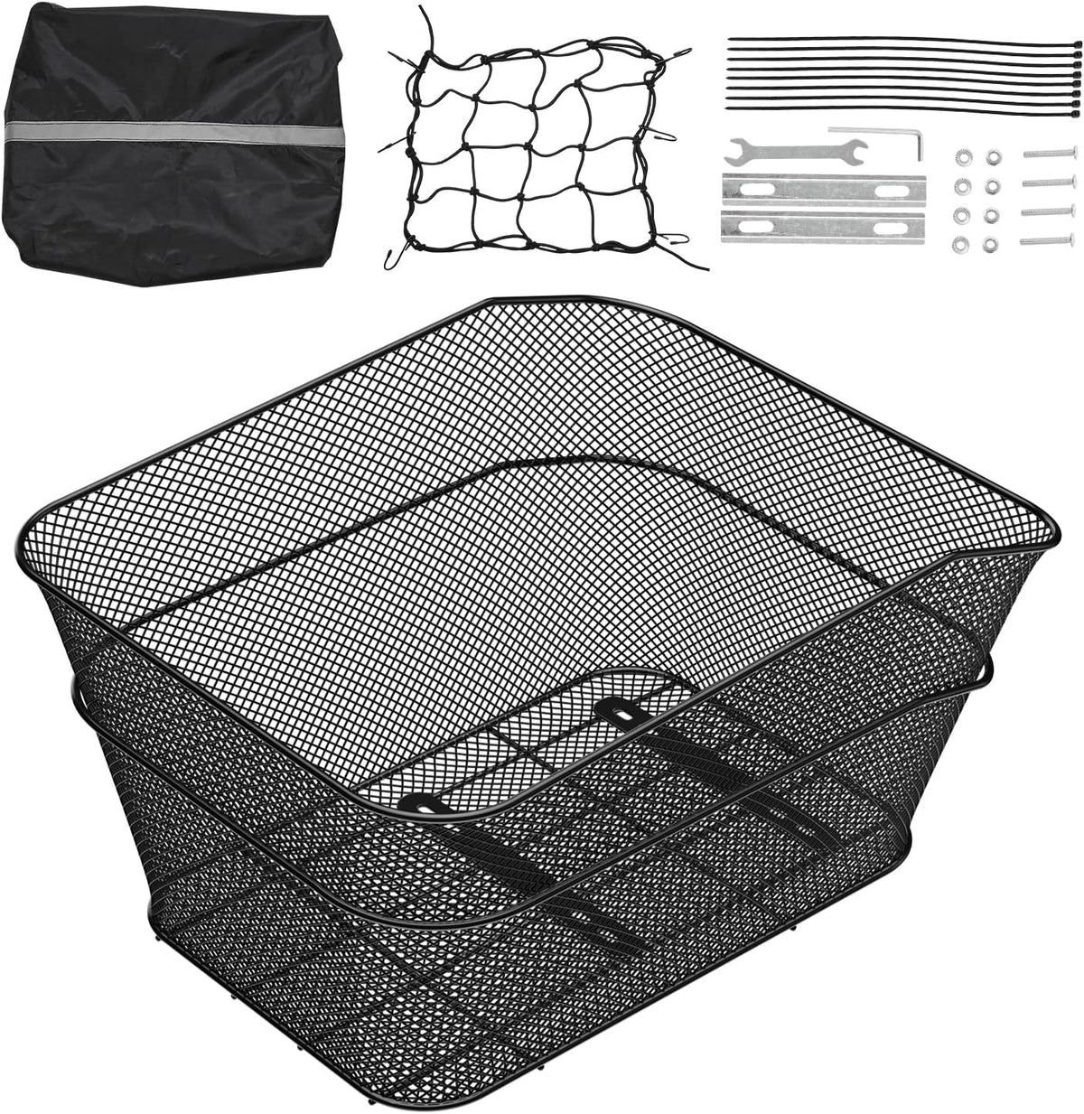 VEVOR Rear Bike Basket, Wire Mesh Bicycle Basket with Cargo Net & Waterproof Cover, Durable Metal Bike Back Basket, Fits Most Rear Bike Racks, Mounting Tools Included