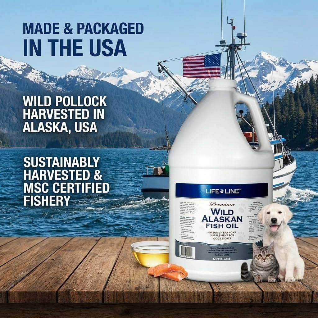 Life Line Pet Nutrition Wild Alaskan Fish Oil for Dogs and Cats 128Oz – Omega 3 Fish Oil Supplement for Skin & Coat, Brain, Eye & Heart Health