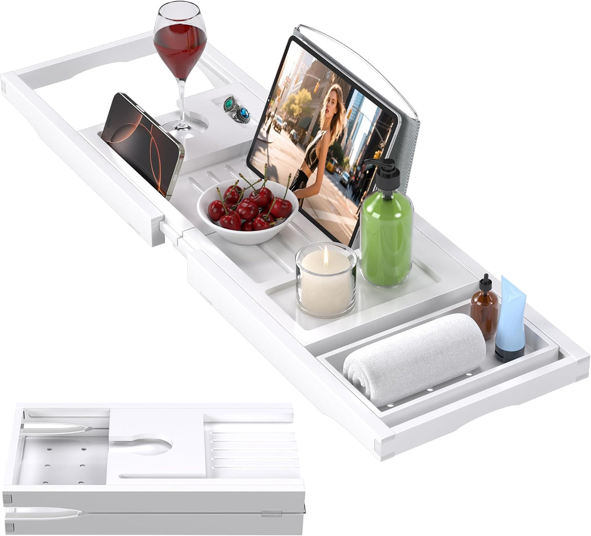 Bamboo Bathtub Tray Caddy, Foldable Bath Tray for Tub