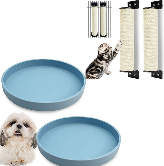 Silicone Cat Bowl Set of 2 with Cat Scratching Post Wall Mounted 2 Pack Cage Mount Cat Scratcher 2-In-1 Natural Sisal Kitty Scratch Posts with Self Groomer Massager for Scratch and Climbing