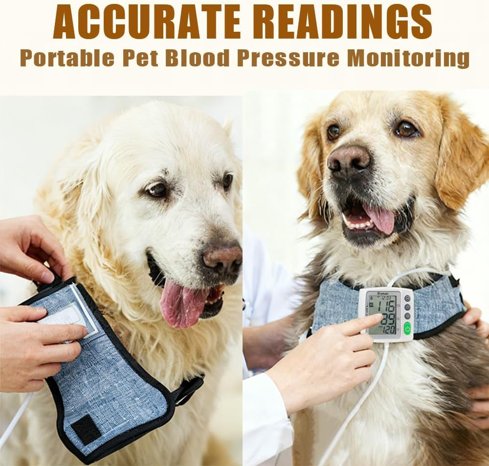 Wearable Pet Blood Pressure Monitor for Cats & Dogs, Automatic Oscillometric Veterinary BP & Heart Rate Monitor, 4 Adjustable Cuffs 4.2–15Cm, Dual-User 120 Memory, Portable Home & Vet Clinic Use