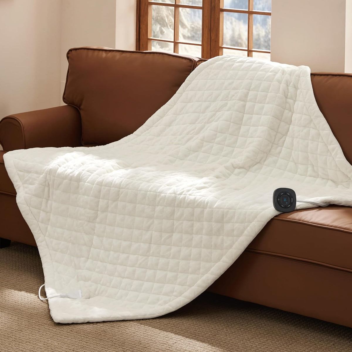 Bedsure Quilted Heated Throw Blanket, Warm Filled Electric Blanket, Ivory