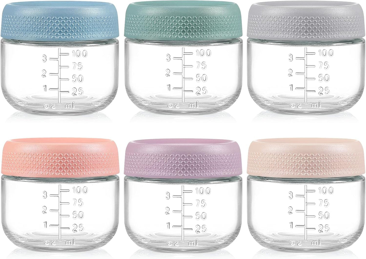 NETANY 6 Pack 4 Oz Glass Baby Jars with Airtight Lids, Glass Baby Food Storage Containers,Overnight Oats Containers with Lids | Microwave, Dishwasher & Freezer Safe | Includes 10 Labels