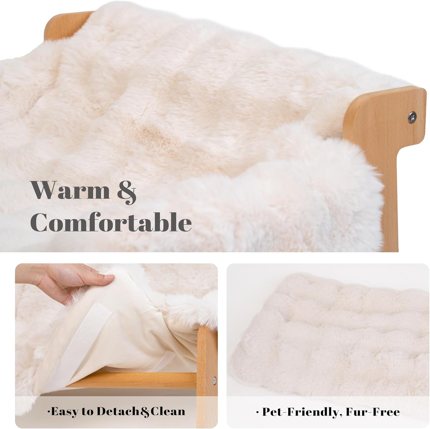 CHEERHOME PETS Elevated Cat Couch Bed for Indoor Cats, Wooden Cat Sofa with Removable Washable Fluffy Cover Raised Kitty Lounge Chair Suitable for Puppy(Cat Sofa Off-White)