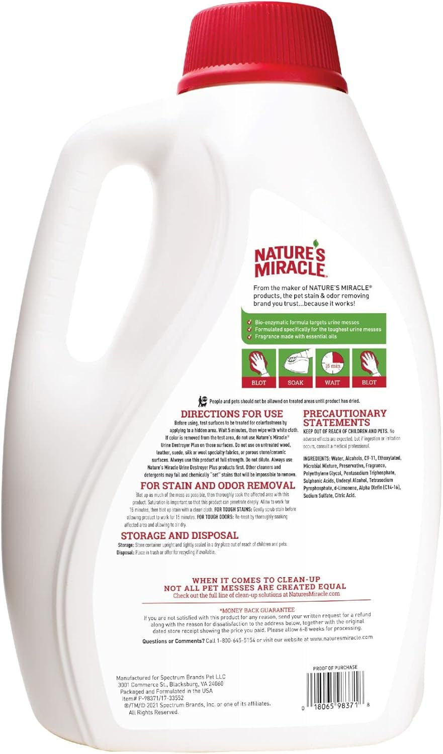 Nature’S Miracle Urine Destroyer plus for Dogs, Enzymatic Formula Tough on Strong Cat Urine and the Yellow Sticky Residue, 1 Gal
