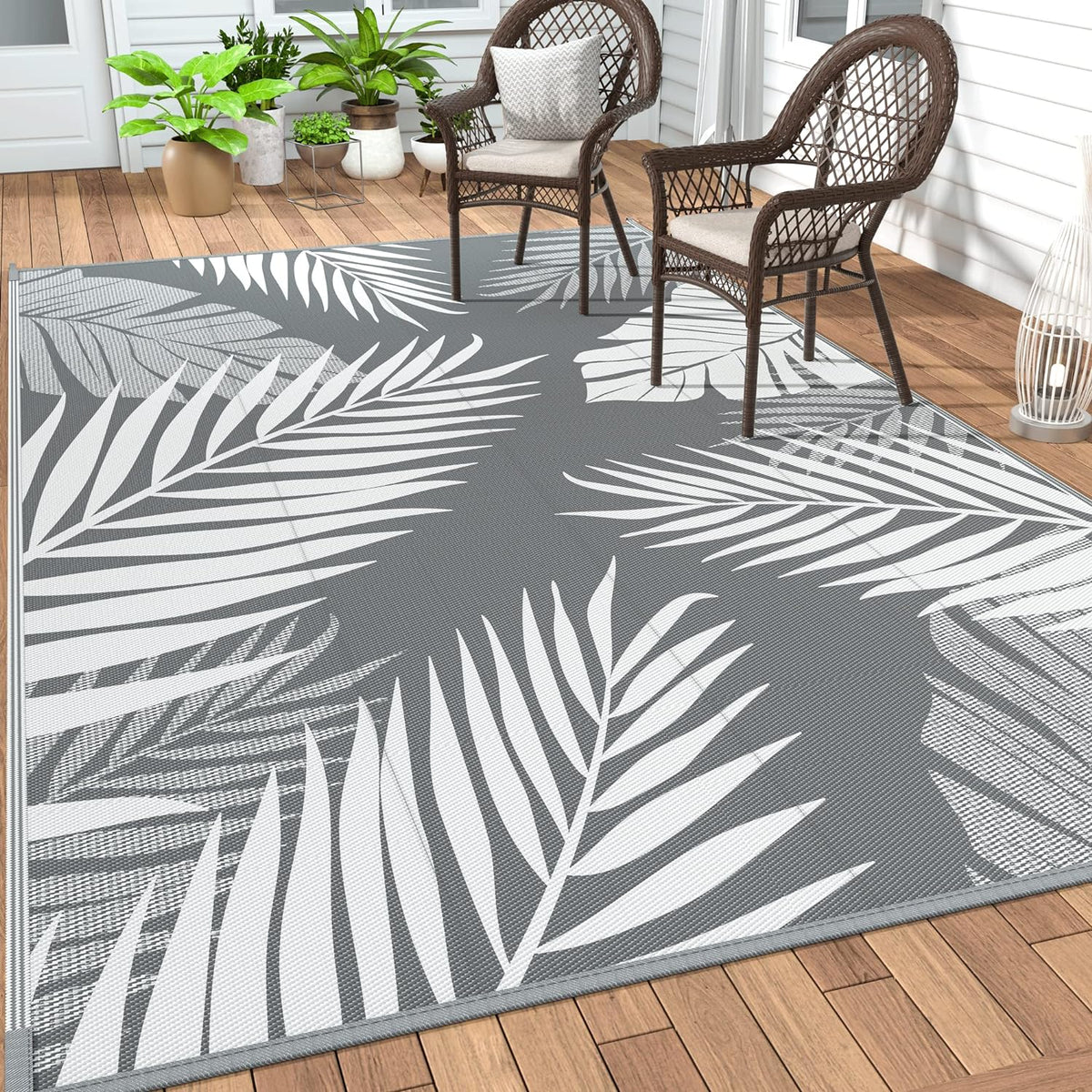 GENIMO Outdoor Rug, Waterproof Plastic Rugs for Patio, 5'X8' Grey White