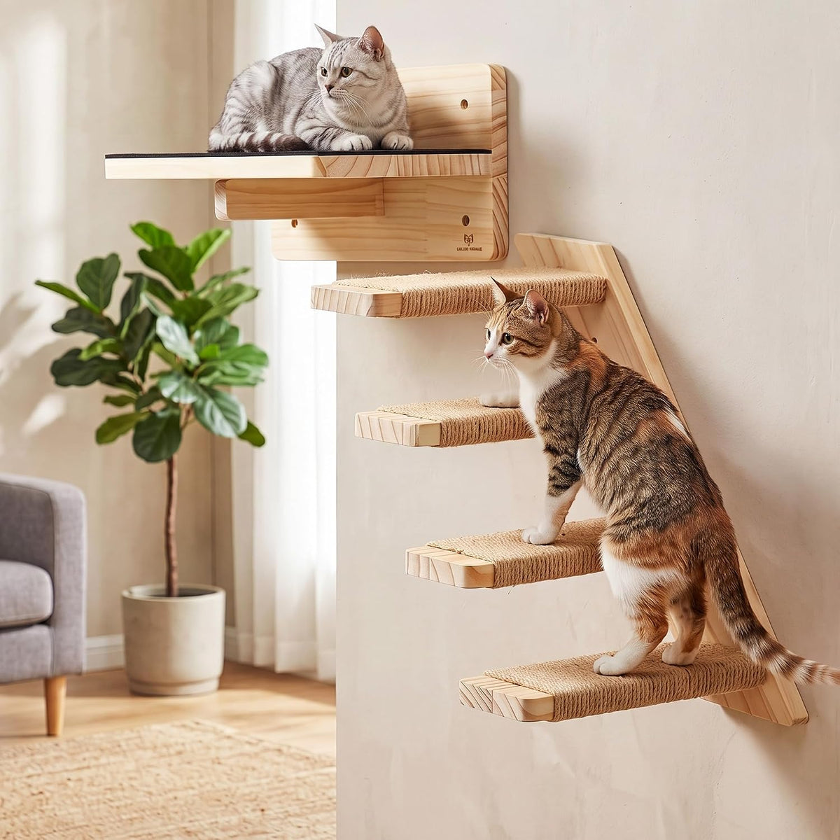Nuanchu 2 Pack Cat Wall Shelves Stairs Steps Ladder with Hemp Rope