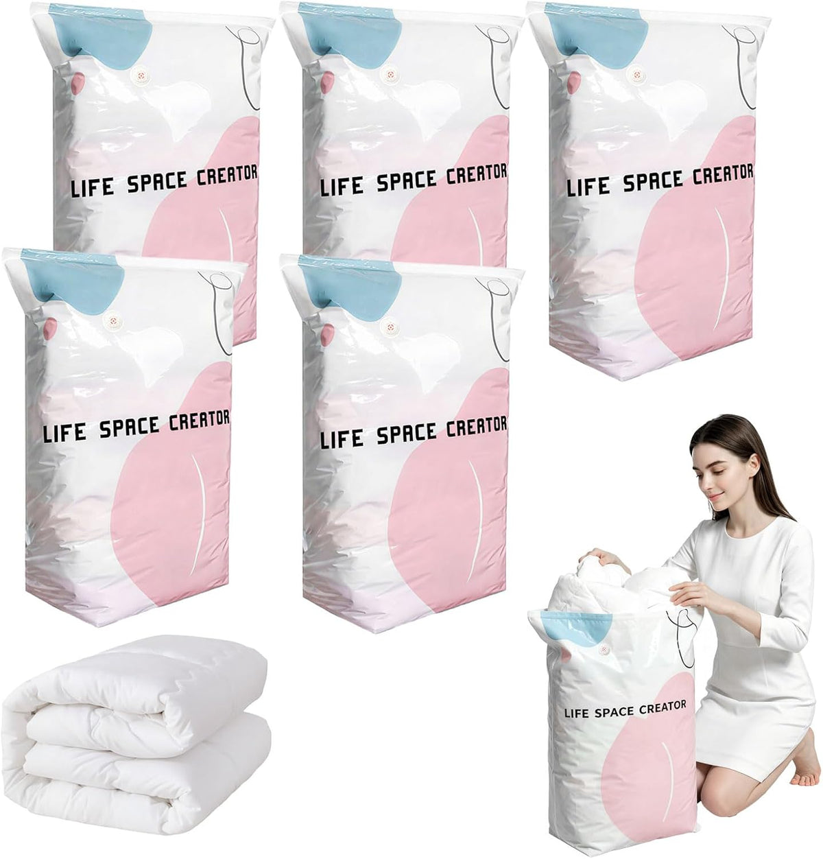 5PCS No Pump Vacuum Storage Bags, No Pump Large Vacuum Storage Compression Bags, Thick Airtight Reusable Organizer for Clothes Comforters Travel Moving Closet Storage (L)