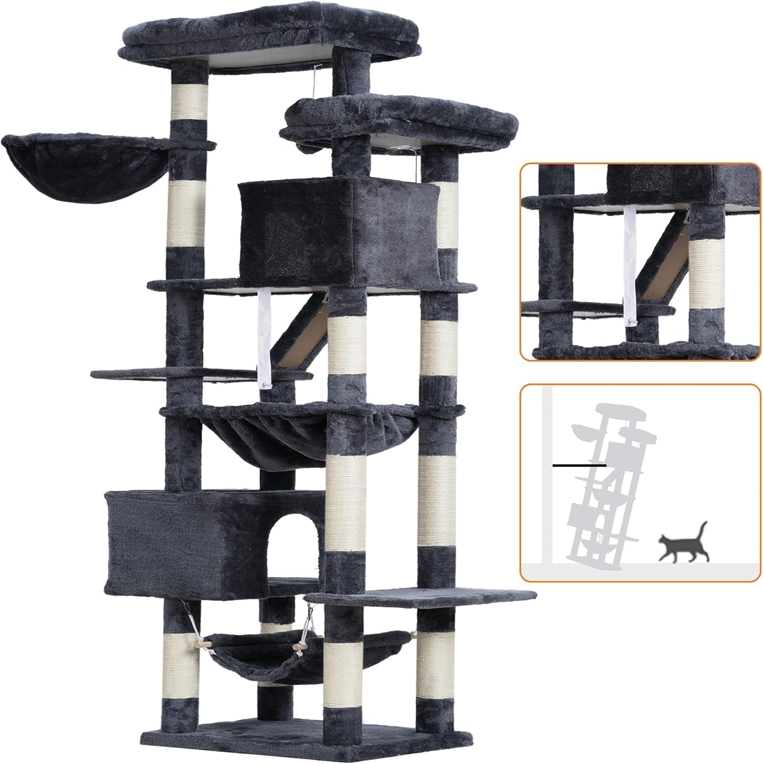 Heybly Cat Tree, 71-Inch-Tall Tower for Indoor Cats with 2 Perches, 2 Big Condos, 2 Hammocks, Basket, Scratching Pad, Large Cat Furniture and Condo, Smoky Gray HCT034G