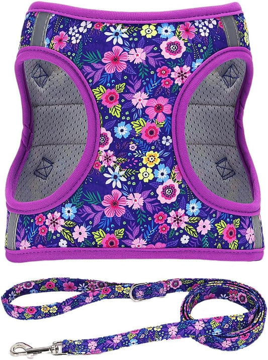 Step in Dog Harness Leash Set- All Weather Reflective No-Pull Floral Pattern Padded Mesh Vest Harness for Cats Puppy Extra-Small Small Medium Large Dogs - Dark Flower - M