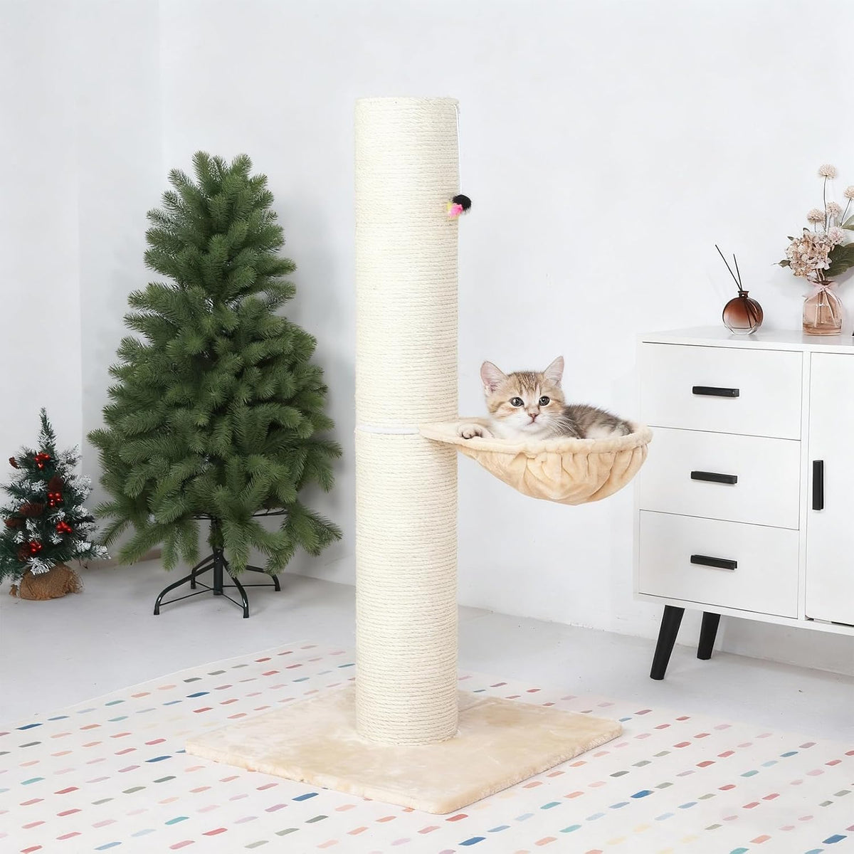 Tall Scratching Post for Cats 47In Tall Sturdy Natural Sisal Cat Scratcher with Thick Solid Wood Base Scratching Post Hammock for Indoor Adult Cat Stable Cat Scratcher with Ball Interactive Toy