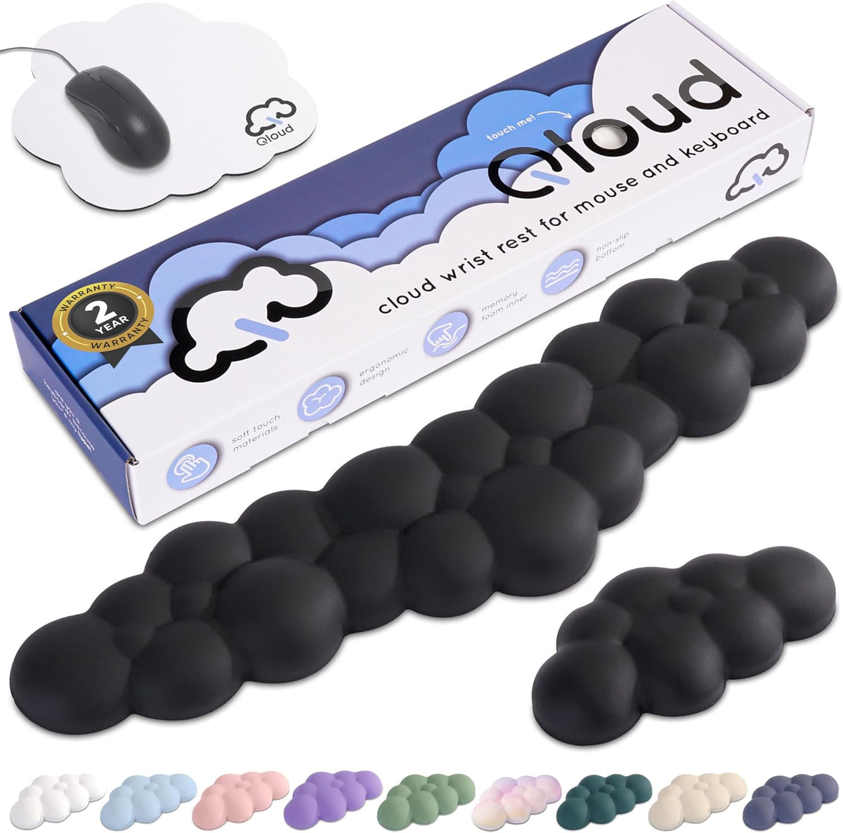 Black Cloud Keyboard Wrist Rest – Create-Ables Qloud Black Wrist Rest for Computer Keyboard and Mouse, Ergonomic Memory Foam Wrist Pad with Non-Slip Base, Includes Cloud Mouse Pad