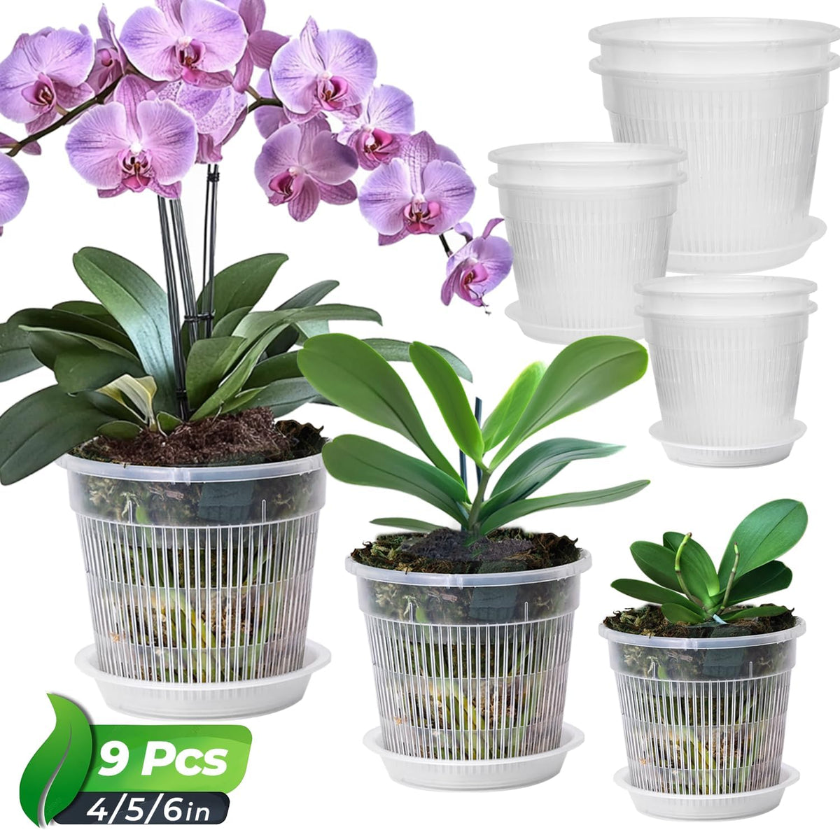 T4U Clear Orchid Pots 9 Pack 4.3 5.5 6.3 Inch, Orchid Pot Holes Repotting