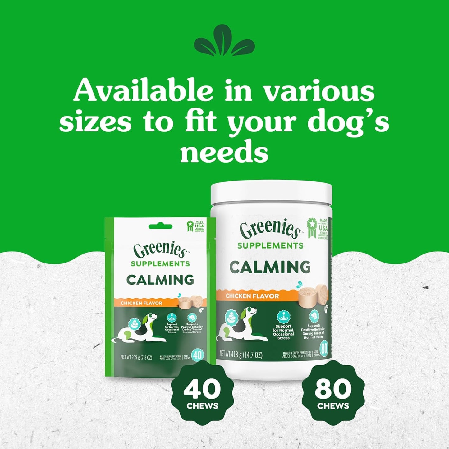 Greenies Supplements Calming Chews for Dogs Chicken Flavor, Dog Calming Chews, 7.3 Oz. Container of 40 Count