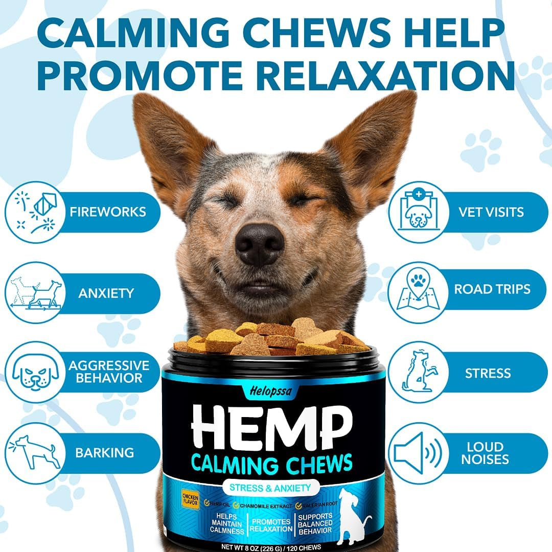 Hemp Calming Chews for Dogs with Anxiety and Stress - Anxiety Relief Chews for Storms, Fireworks, Thunder, Barking, Separation - Valerian, L-Tryptophan, Hemp Oil - Chicken - 120 Dog Calming Treats