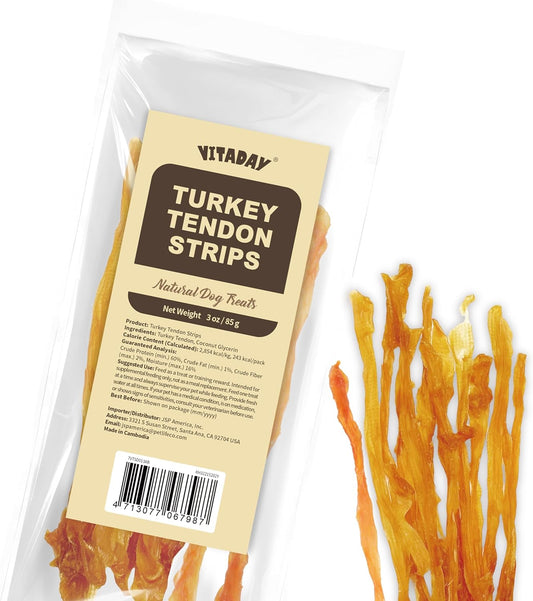VITADAY Turkey Tendons for Dogs, All Natural, Healthy Dog Treats, Long Lasting, Hypoallergenic Dog Chews, Rawhide Free, Usa-Sourced, for Small Dogs, Strips, 3 Oz Pack