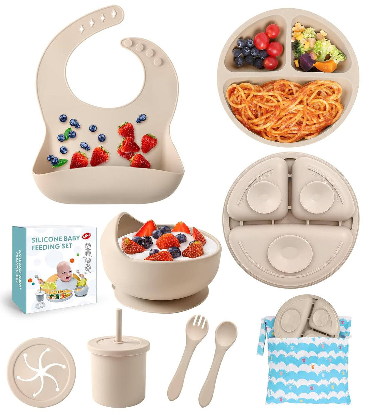 Silicone Baby Feeding Set, BPA Free Baby Dishes Set with Suction Bowl Divided Plate, Adjustable Bib, Soft Spoons and Forks, Cup, Travel Bag, Bpa-Free, Microwave and Dishwasher Safe, 6 Month+ (Beige)